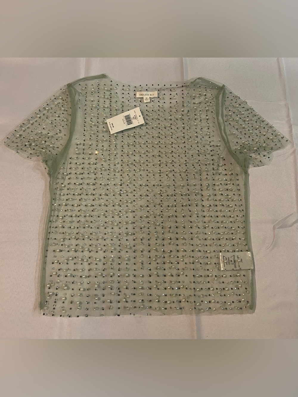 Endless Embellished Mesh Top in sage sparkling rhinestones faux pearls BUCKLE